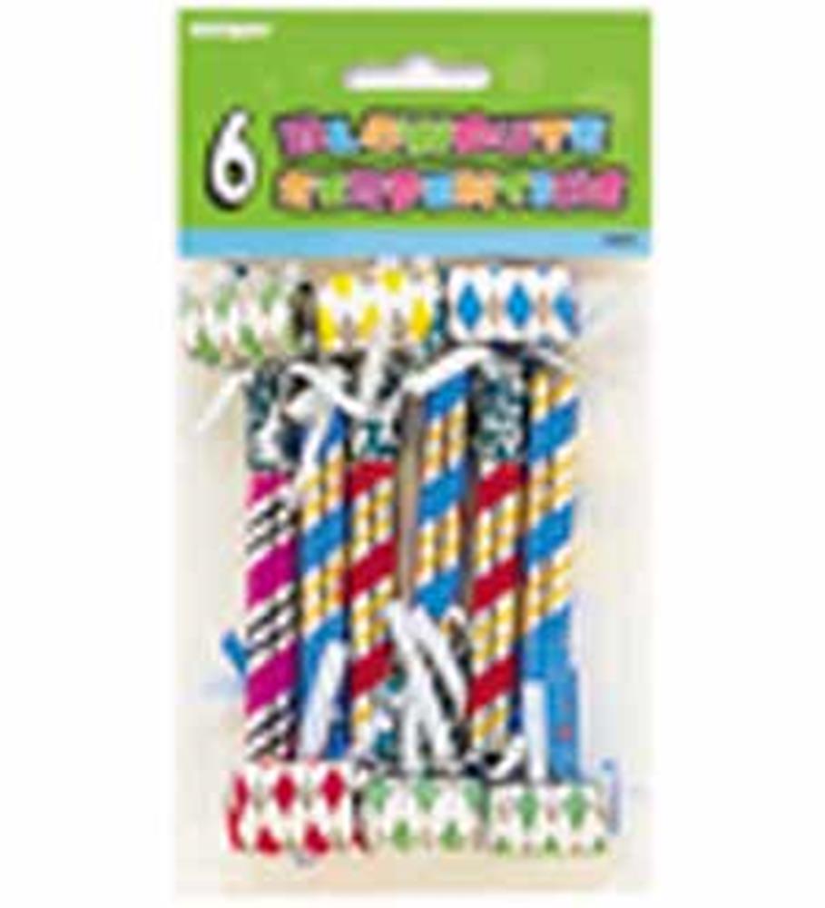 Six colorful party blowouts with striped patterns in pink, yellow, blue, and white, packaged in clear plastic.