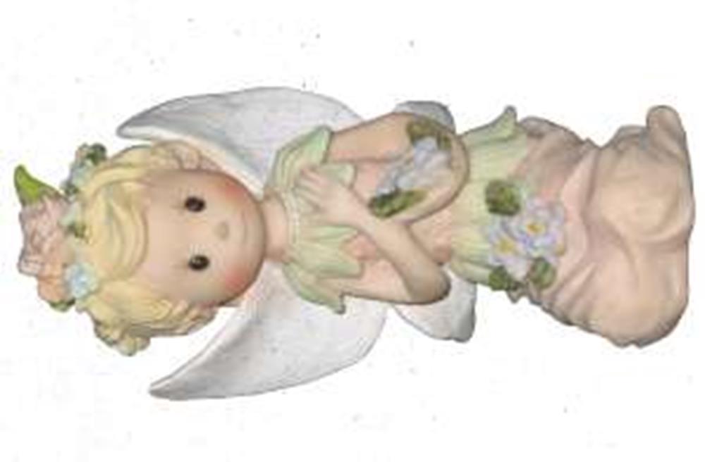 Polystone fairy figurine with blonde hair, white wings, light green dress, and glitter accents holding a small watering can.