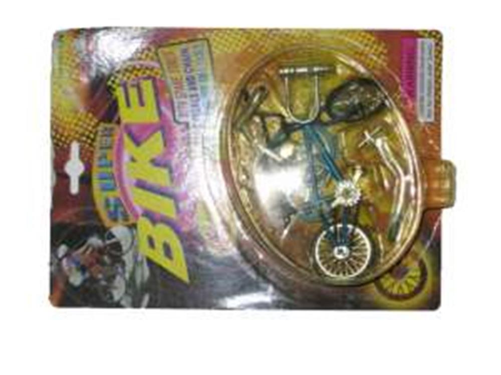 Blue toy dirt bike with black tires and silver handlebars in colorful blister packaging labeled "Super Bike".