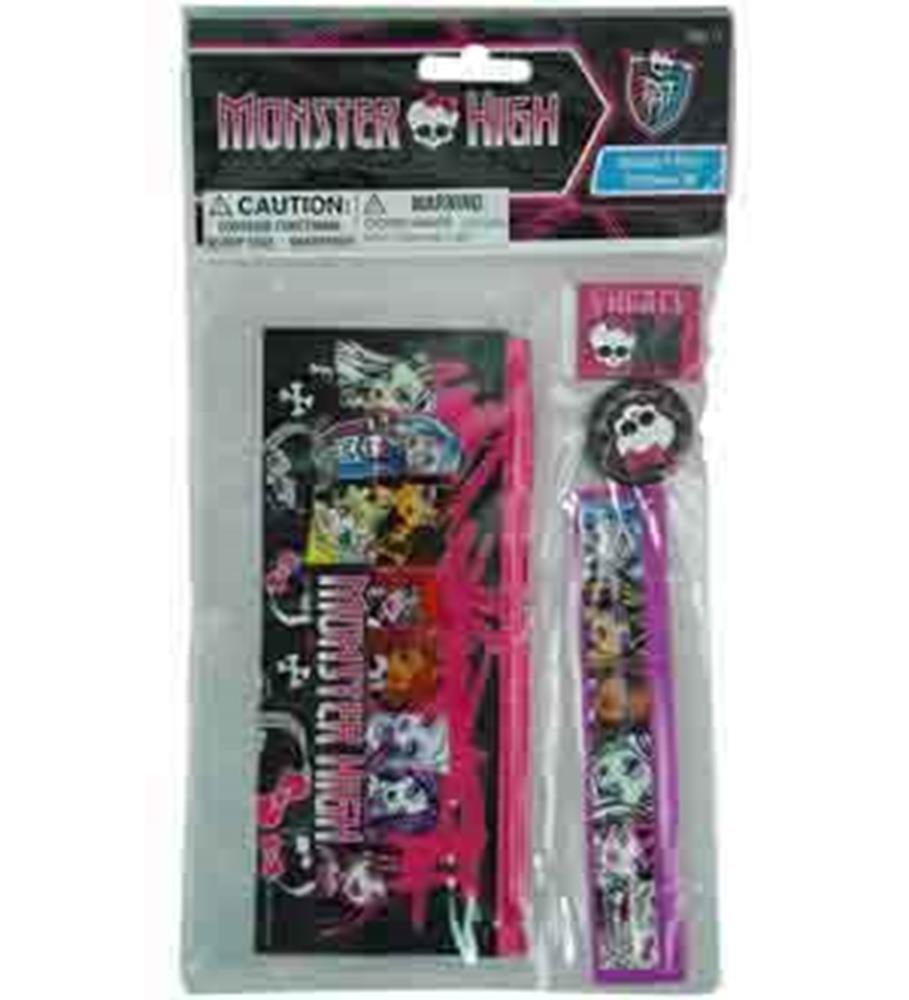 Monster High 4-piece stationery set with pink ruler, pencil, eraser, and sharpener featuring colorful character designs and.