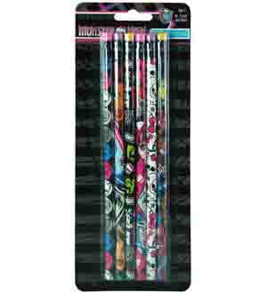 Set of six wooden pencils featuring colorful Monster High character designs and patterns on black background.