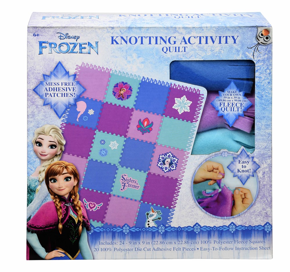 Frozen-themed knotting activity quilt in shades of purple and blue with patchwork squares and Disney character patches.