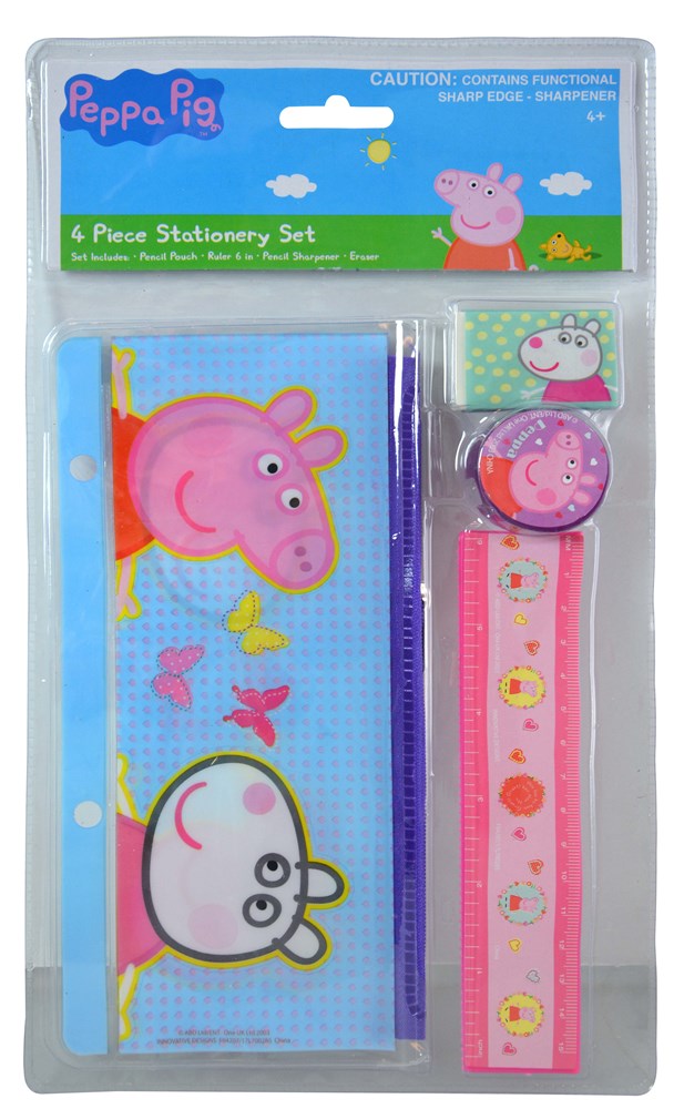 Peppa Pig 4-piece stationery set with blue pencil case, pink ruler, and matching sharpener and eraser.