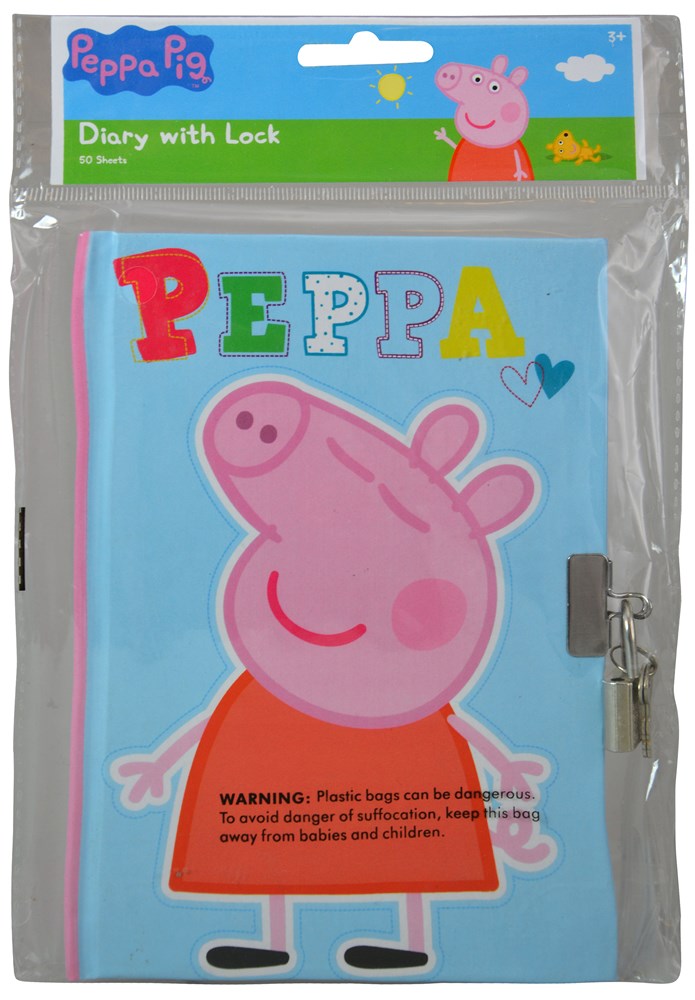 Blue Peppa Pig diary with colorful title, pink character on cover, and silver lock on side.