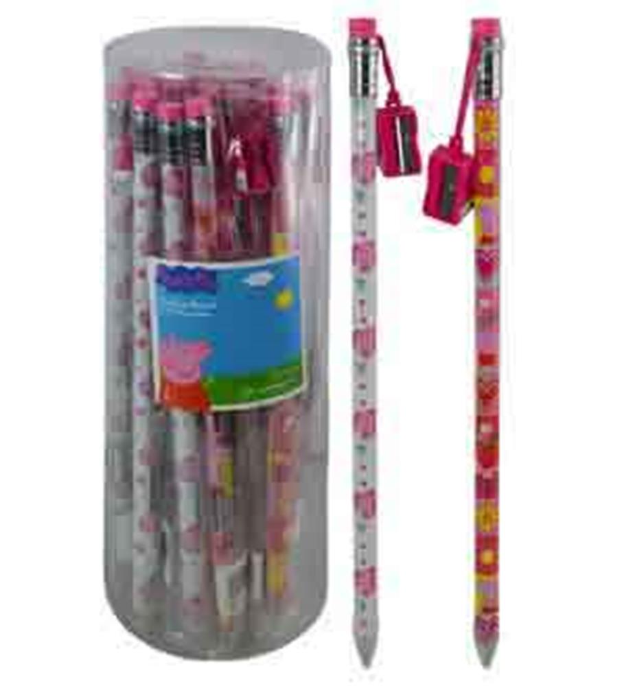Set of Peppa Pig-themed jumbo pencils with pink erasers in clear plastic container.