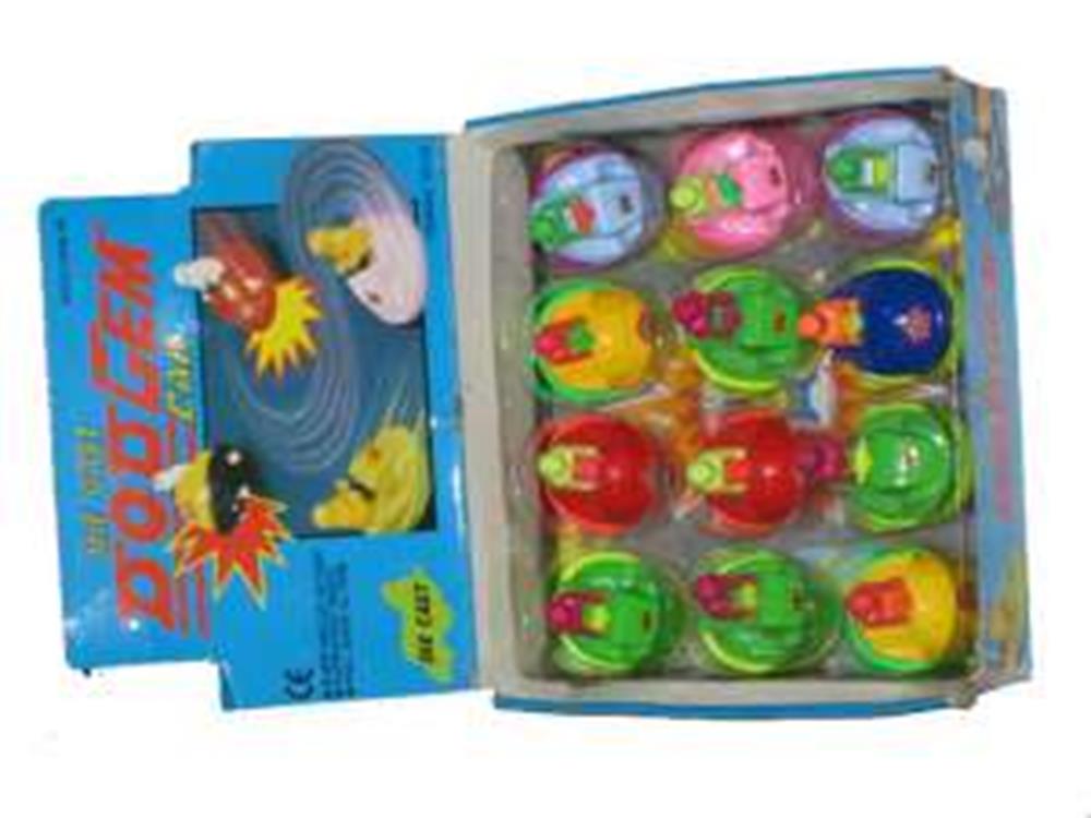 Colorful plastic dodgem cars in assorted bright colors arranged in a blue cardboard display box.