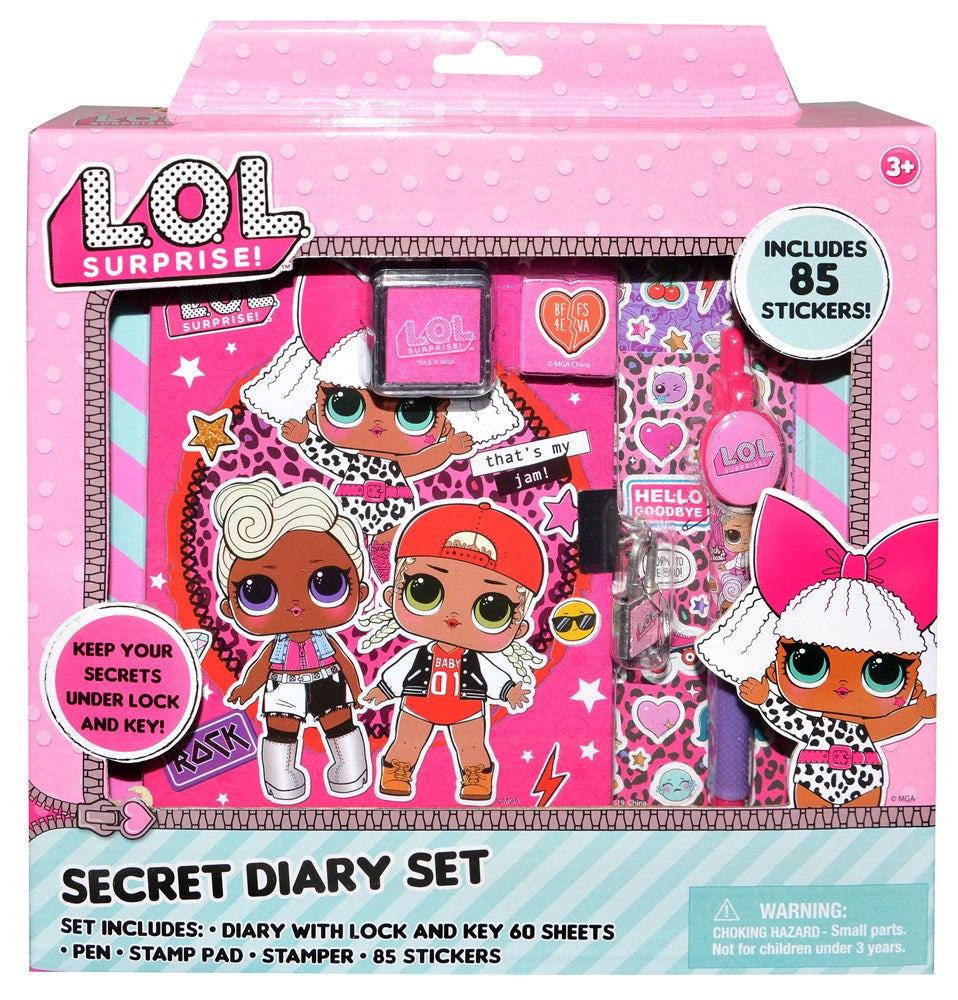 LOL Surprise secret diary set with lock, key, pen, stamp pad, and 85 stickers in pink packaging.