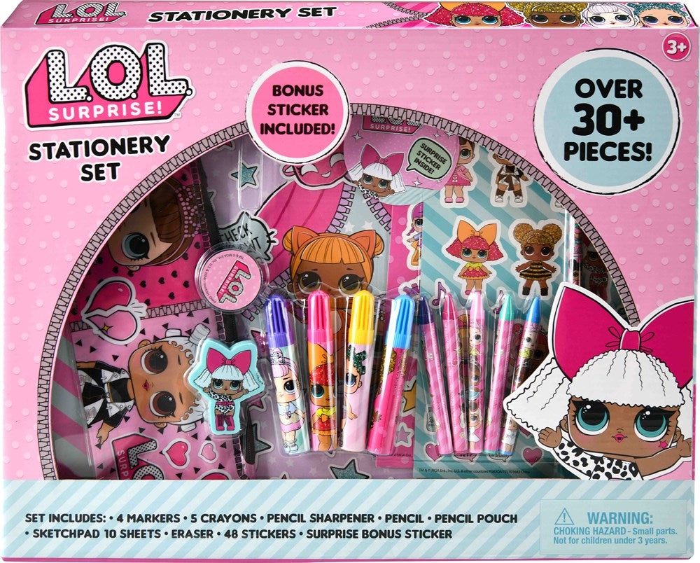 Pink boxed LOL Surprise stationery set with 30+ pieces including markers, crayons, pencils, eraser, sharpener, stickers, and