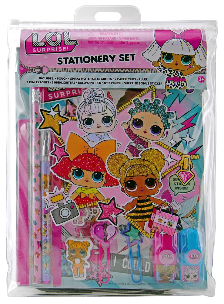 Lol Surprise 12-piece stationery set with pink ruler, pencils, eraser, sharpener, and notebook featuring colorful doll.
