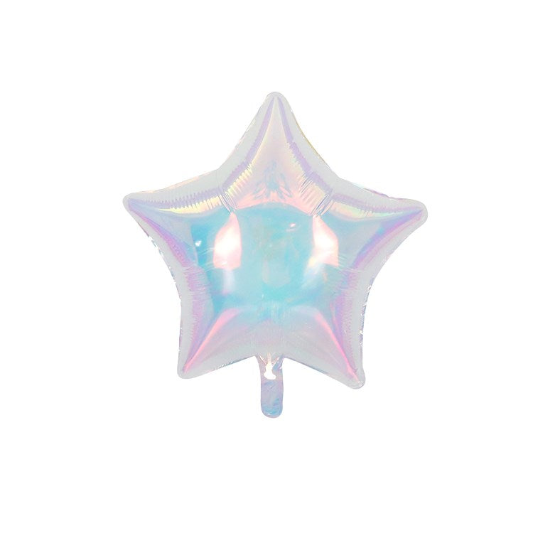 Iridiscent mother of pearl foil balloon shaped like a five-point star, 18 inches tall.