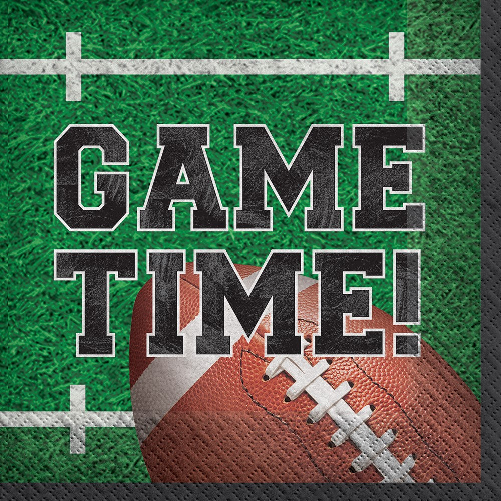 Green beverage napkin with white football field lines, bold black "GAME TIME!" text, and a football graphic.