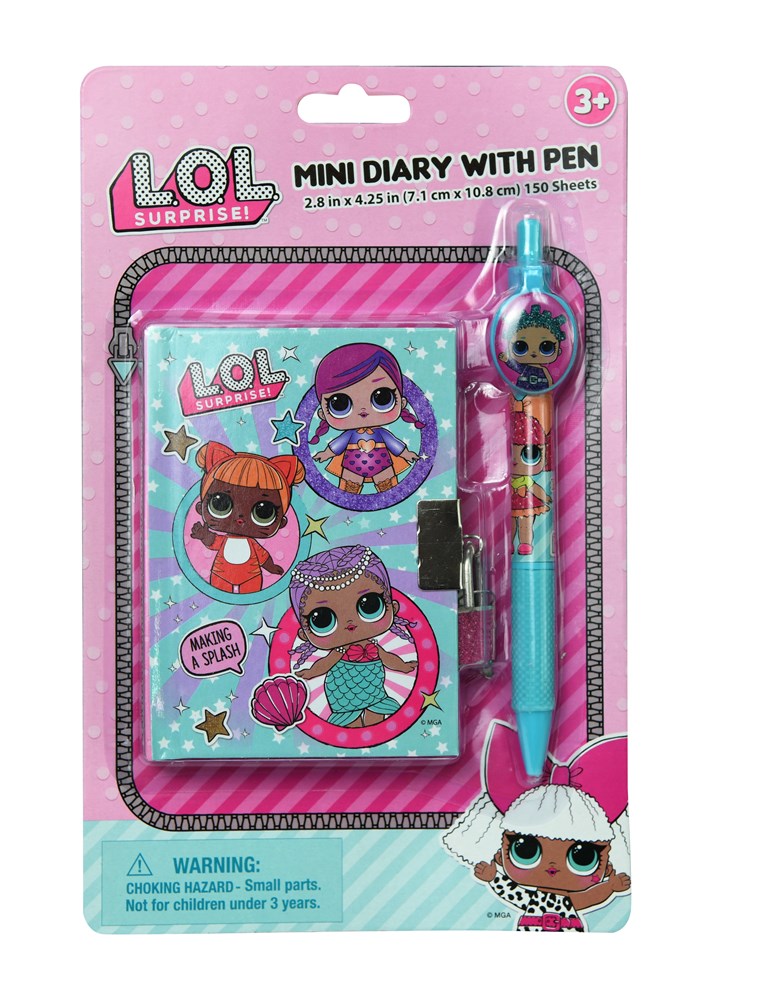 Pink mini diary with colorful LOL Surprise characters on cover, includes matching blue and pink pen on card backing.