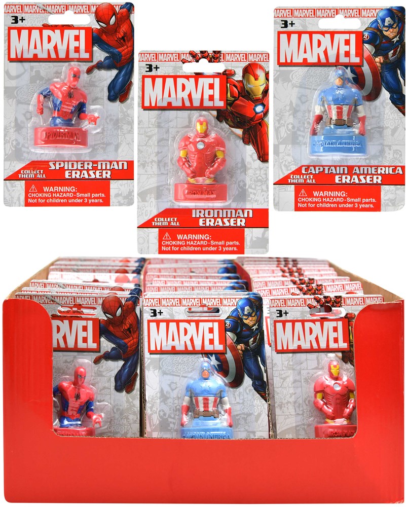 Set of Marvel 3D character erasers featuring Spider-Man, Iron Man, and Captain America in red, blue, and gold colors,.