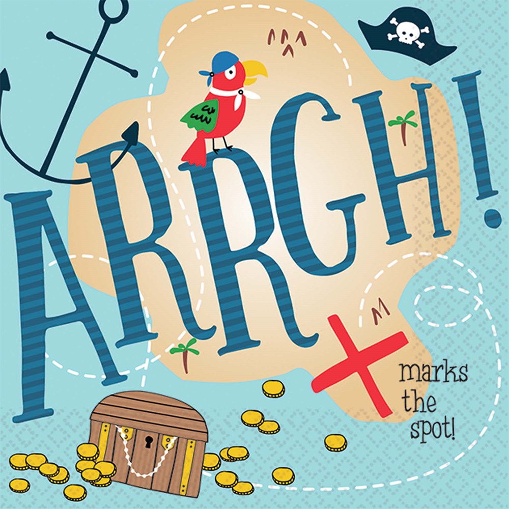 Light blue square paper napkin with large navy "ARRGH!" text, a colorful pirate parrot, treasure chest, gold coins, and a.