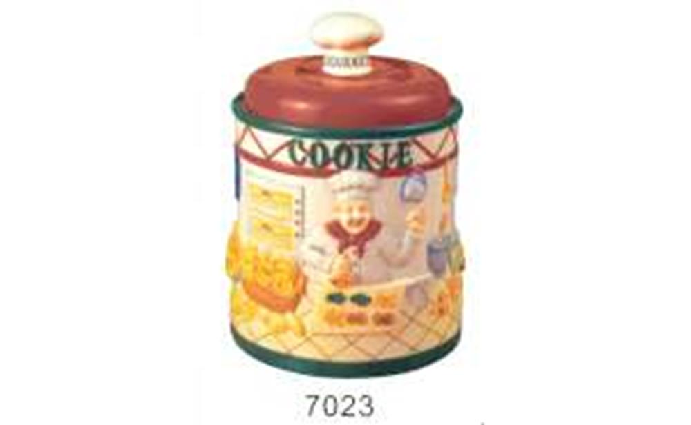 Ceramic cookie jar shaped like a chef with a white hat, holding a spoon, colorful food illustrations on the body, and a.