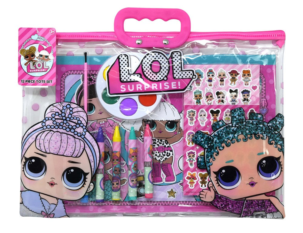 Clear pink zipper tote with Lol Surprise branding, containing colorful crayons, stickers, and stationery featuring cartoon.