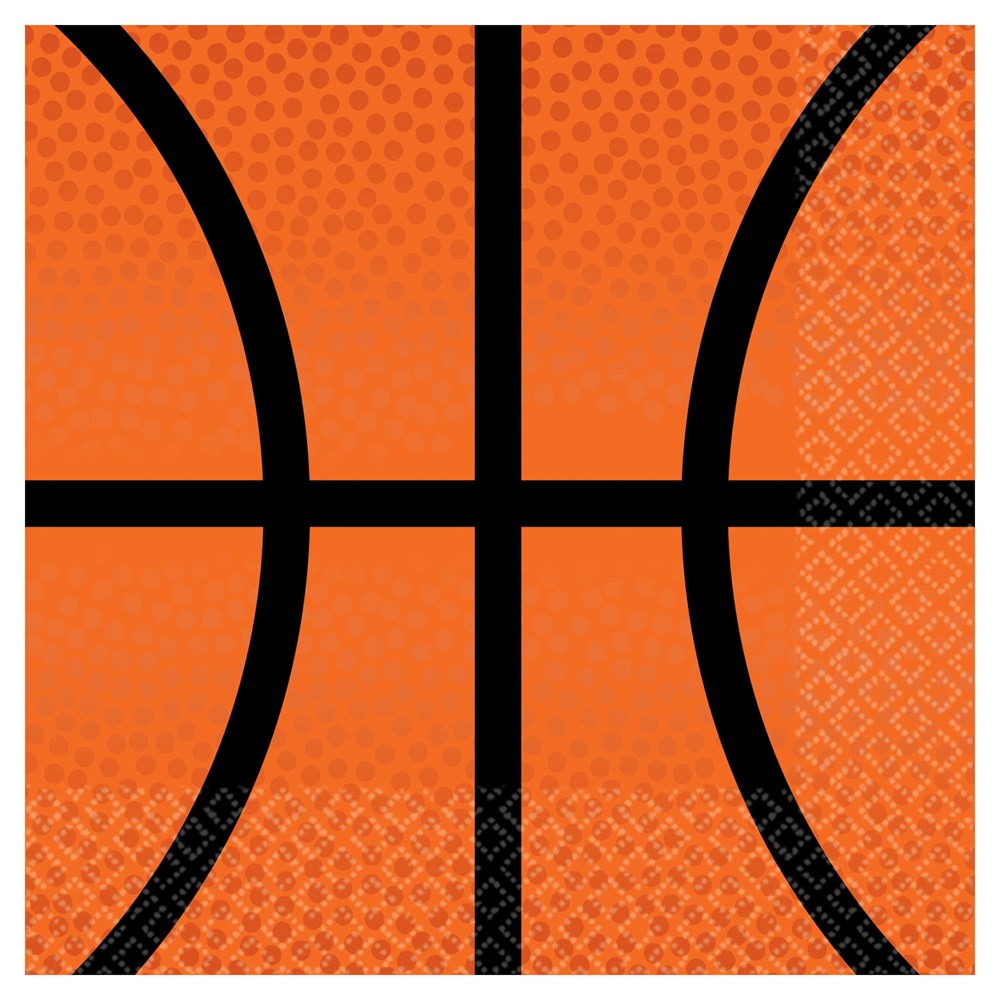 Orange square beverage napkin with black basketball lines and textured surface resembling a basketball pattern.