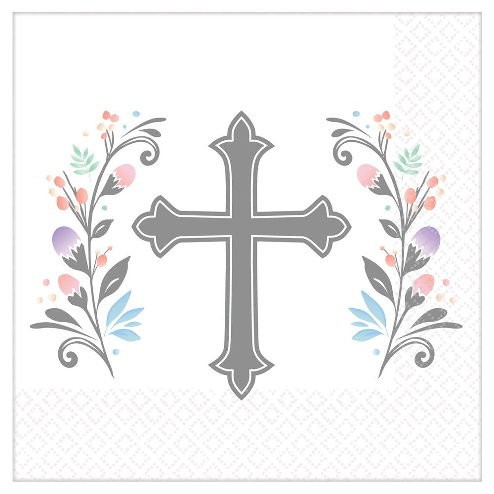 White beverage napkin with a gray ornate cross and floral accents in pastel colors.