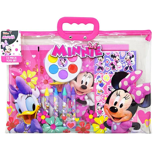 Clear pink zipper tote featuring Minnie Mouse and Daisy Duck, containing 12 colorful stationery pieces including crayons,.