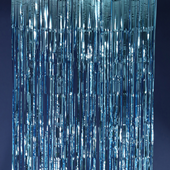 Blue metallic foil curtain backdrop with vertical shimmering strands, 40-inch wide and 10-foot tall.