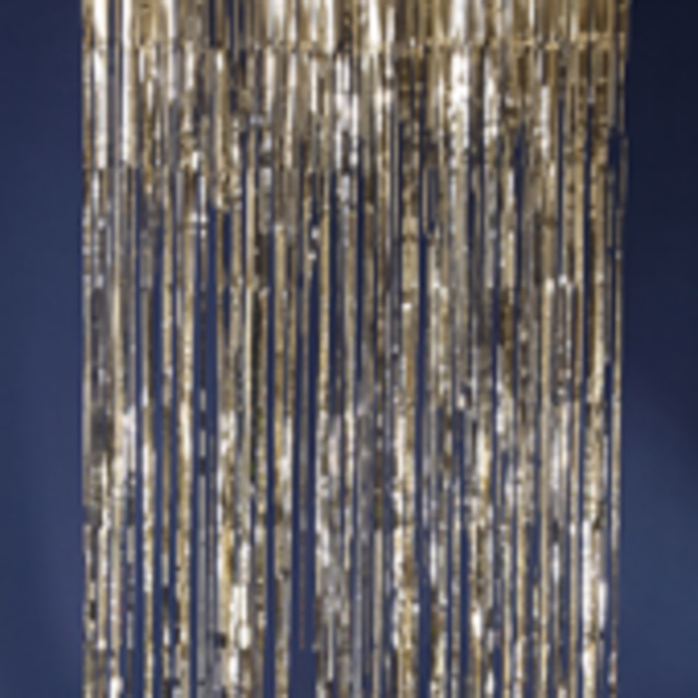 Champagne-colored foil backdrop with long vertical strips, shiny and reflective, 40 inch wide by 10 foot tall.