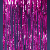 Fuchsia foil fringe backdrop with long vertical strips, shiny metallic finish, 40 inch wide by 10 foot tall.