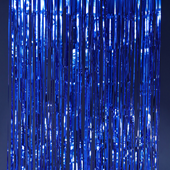 Shiny royal blue foil fringe backdrop with long vertical strips creating a shimmering effect.