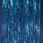 Shiny turquoise foil curtain strands forming a wide, sparkling party backdrop.