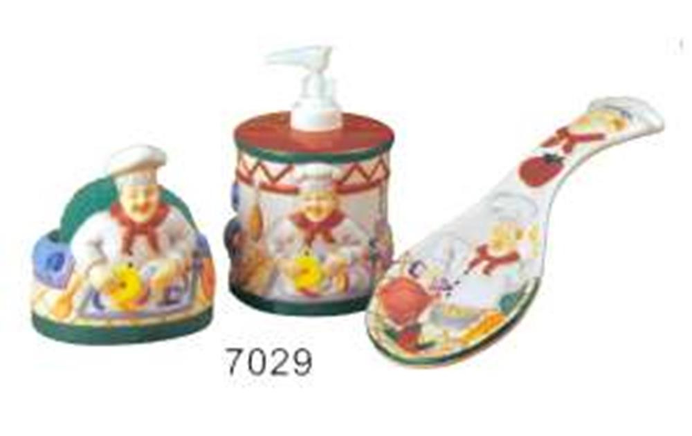 Ceramic chef-themed countertop set with soap dispenser, sponge holder, and spoon rest, decorated with colorful chef.