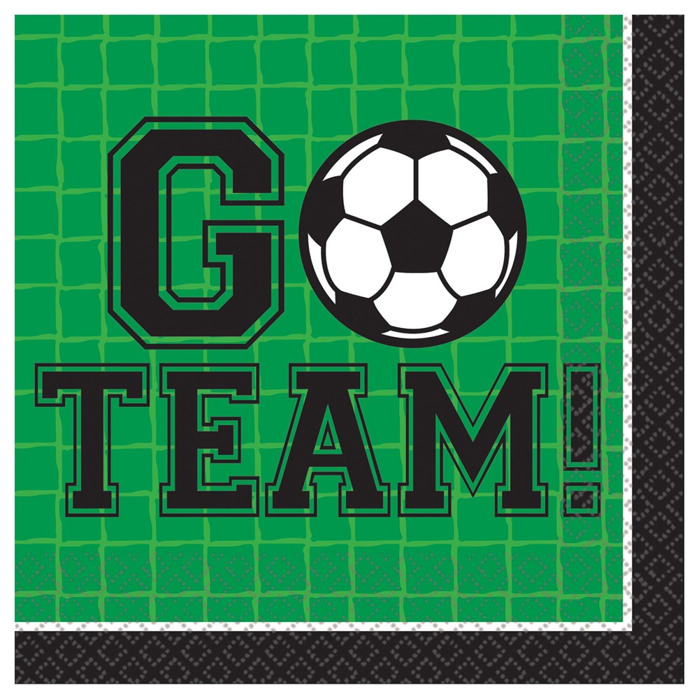 Green beverage napkin with black net pattern, black-bordered "GO TEAM!" text, and a black-and-white soccer ball graphic.