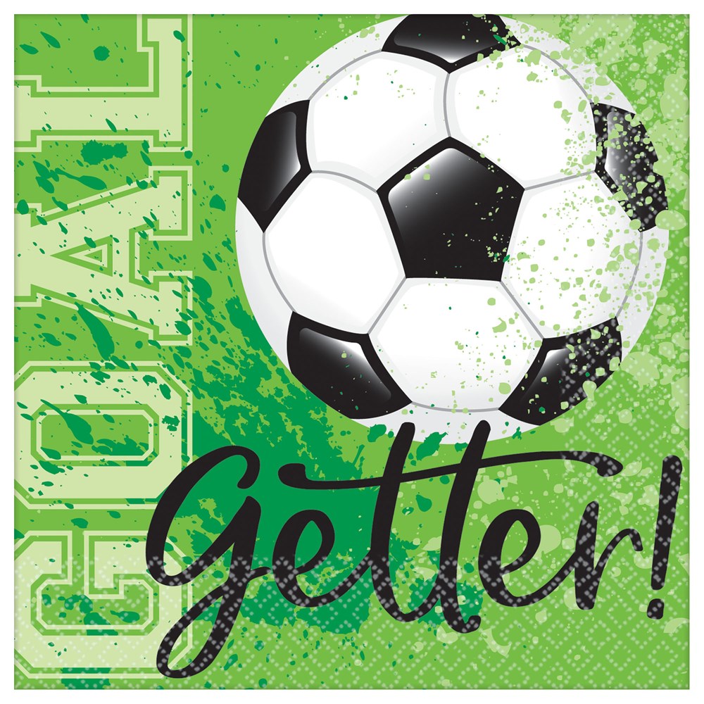 Green square beverage napkin with a large black and white soccer ball and the word "Goal Getter!" in bold black script over.