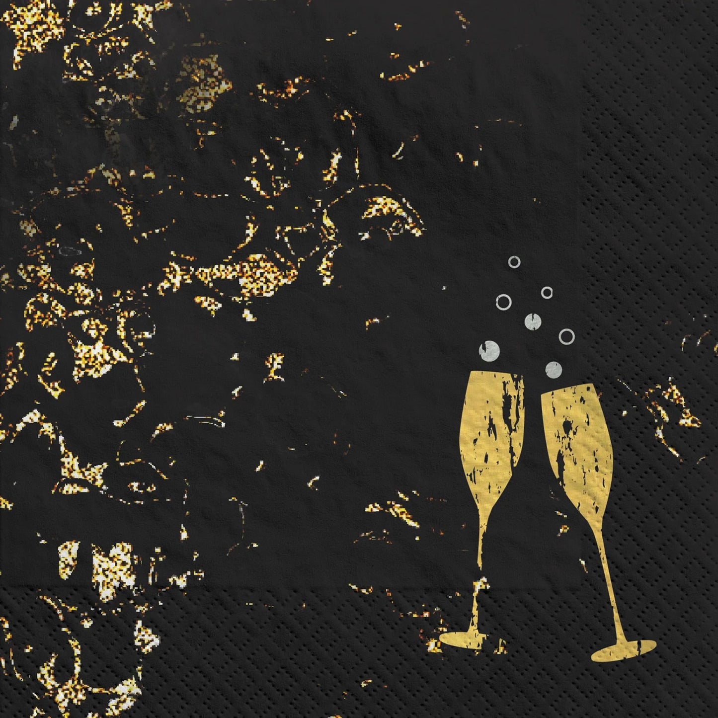 Black beverage napkins with gold foil accents and two gold champagne glasses clinking with bubbles.