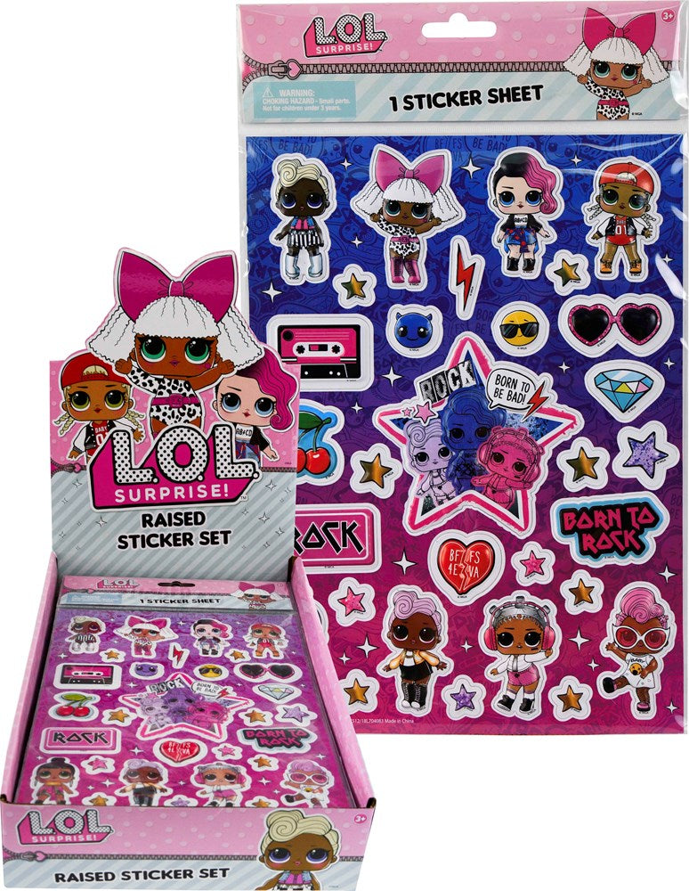 LOL Surprise raised sticker sheet with colorful doll characters and fun accessories on a purple background.
