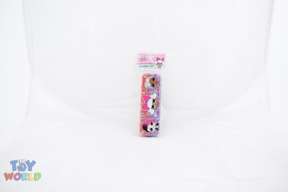 Pink rectangular LOL Surprise tin pencil case featuring colorful character designs and a clear plastic hanging bag with a.