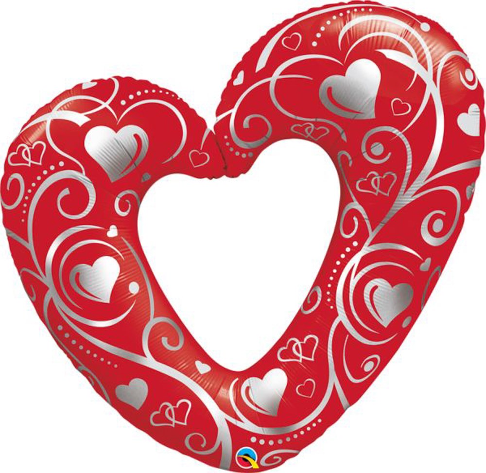 Red foil heart-shaped balloon with silver hearts and white filigree swirls, 42 inches, flat design.