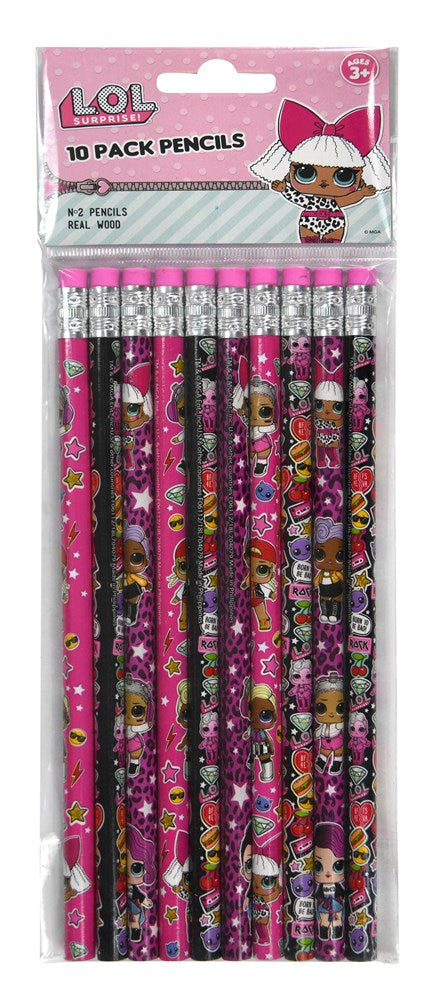 Pack of ten colorful wooden pencils featuring LOL Surprise characters with pink and purple designs in a clear poly bag with.