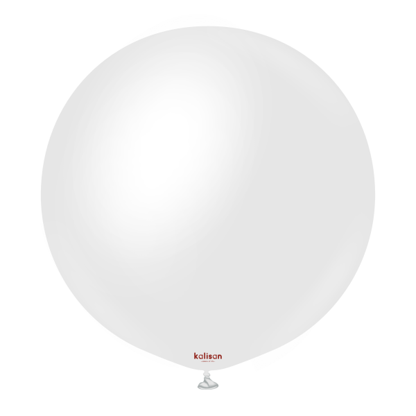 18 inch round opaque white satin balloon with a glossy finish and small red branding near the bottom valve.