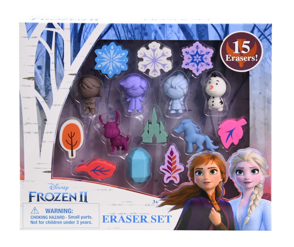 Set of 15 Frozen 2 themed molded erasers featuring characters and snowflakes in purple, blue, white, and brown colors.