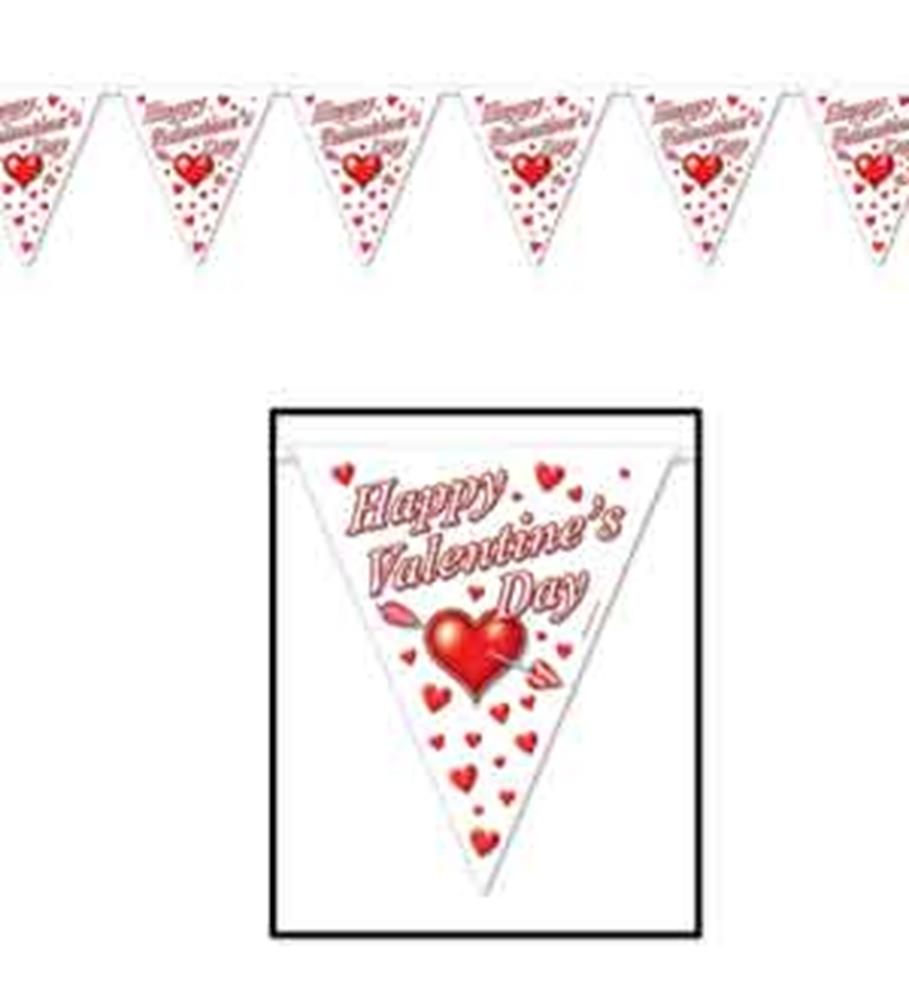 White triangular pennant with red hearts and "Happy Valentine's Day" text in red cursive, festive banner style.