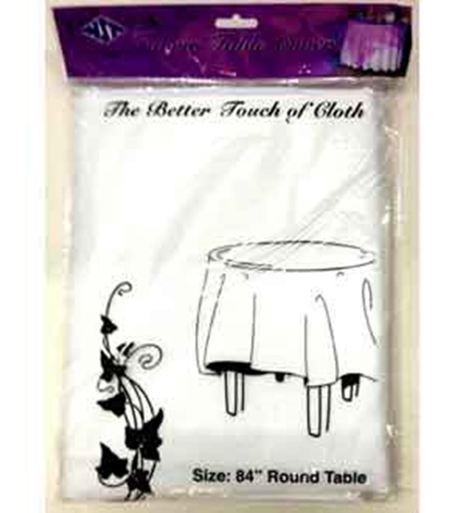 White round tablecloth folded in clear plastic packaging with purple label and black decorative text and illustration.