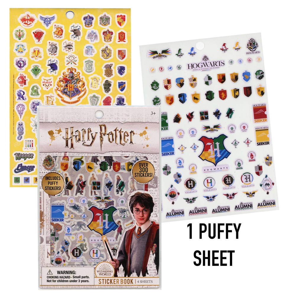 Harry Potter sticker book with colorful Hogwarts house crests, character stickers, and one puffy sticker sheet.