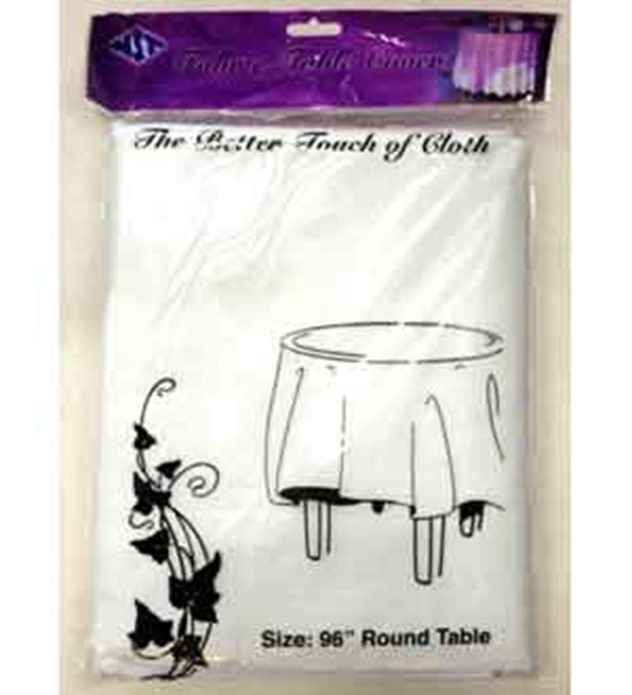 White round tablecloth folded in packaging with black printed design of draped table and floral elements on the bag.