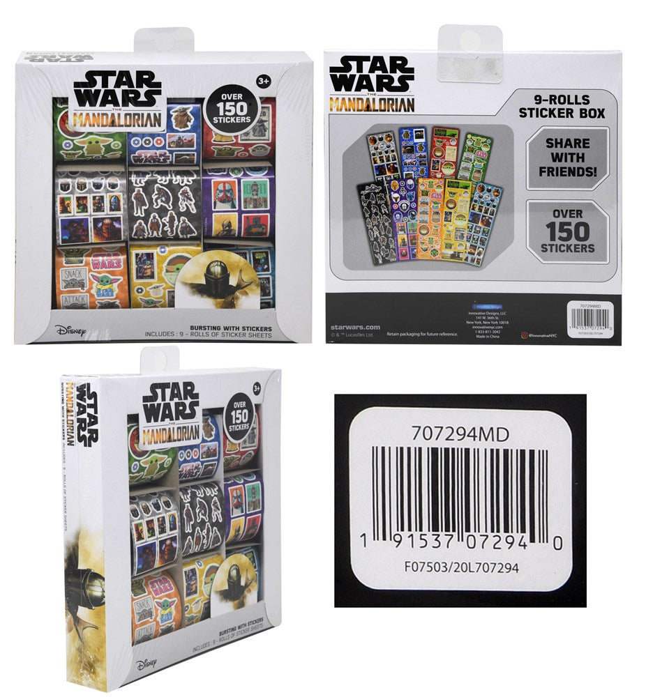 Box of nine Star Wars The Mandalorian themed sticker rolls featuring colorful cartoon Baby Yoda designs.