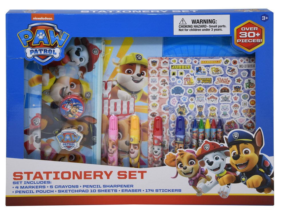 Colorful Paw Patrol stationery set with pencils, crayons, sharpener, eraser, and stickers in a blue box.