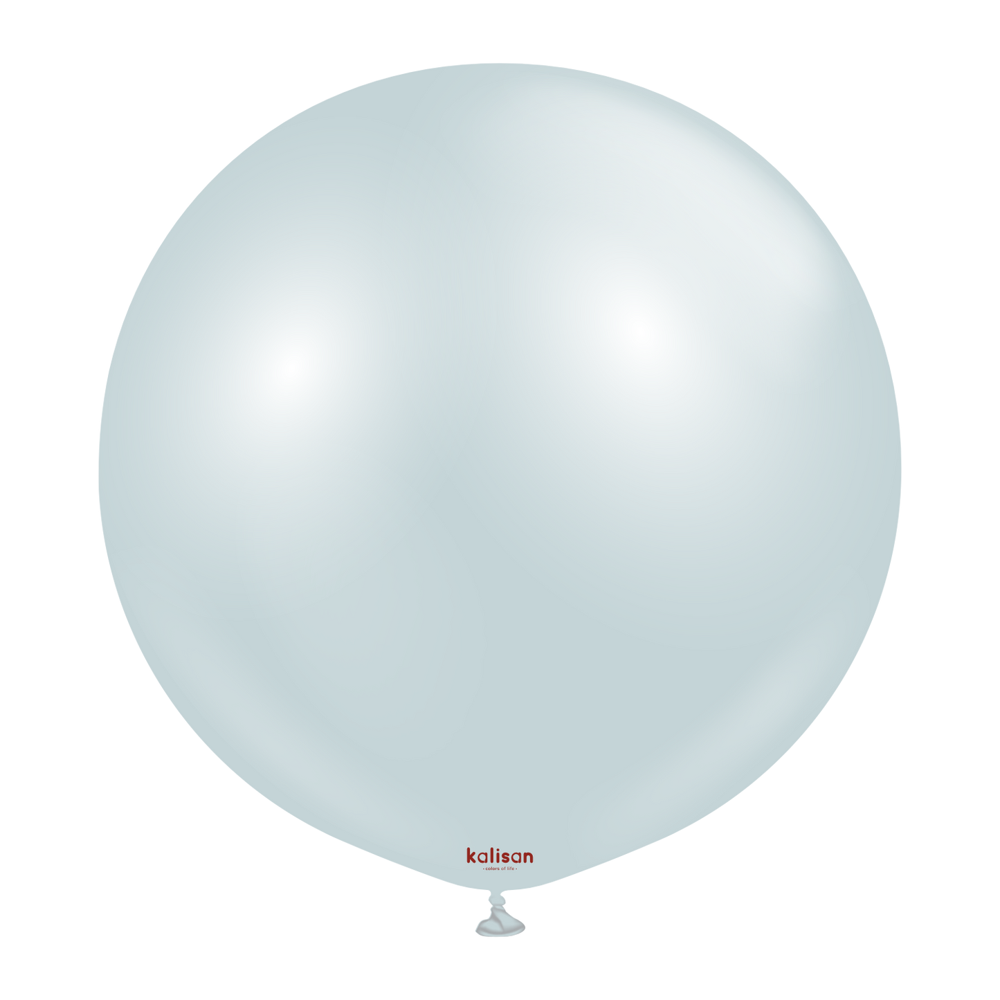Large round balloon in translucent icy blue with smooth glossy surface and small red logo near the base.