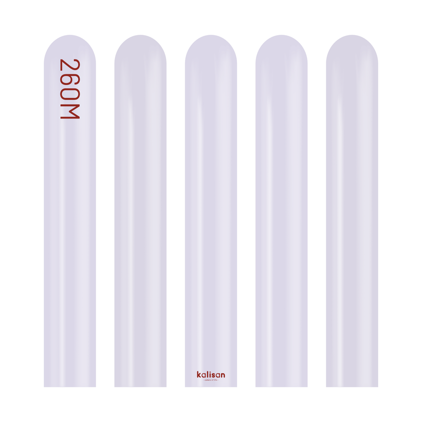 Set of five pale lavender cylindrical tubes with rounded tops, two tubes feature small red text "260M" and "kalisan" near.