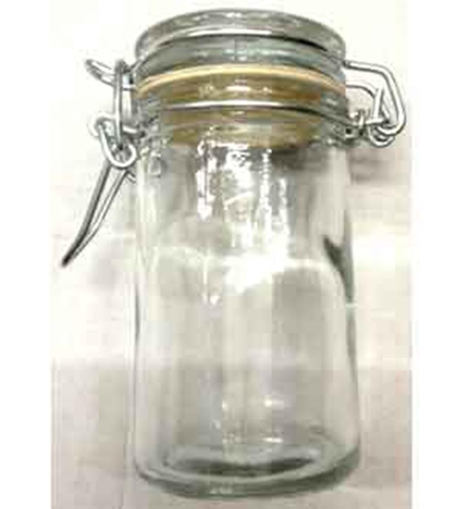 Clear cylindrical glass jar with metal clasp and rubber seal lid.