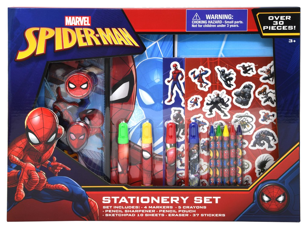 Spiderman stationery set with pencils, erasers, sharpeners, stickers, and a Spider-Man themed pouch in red, blue, and black.