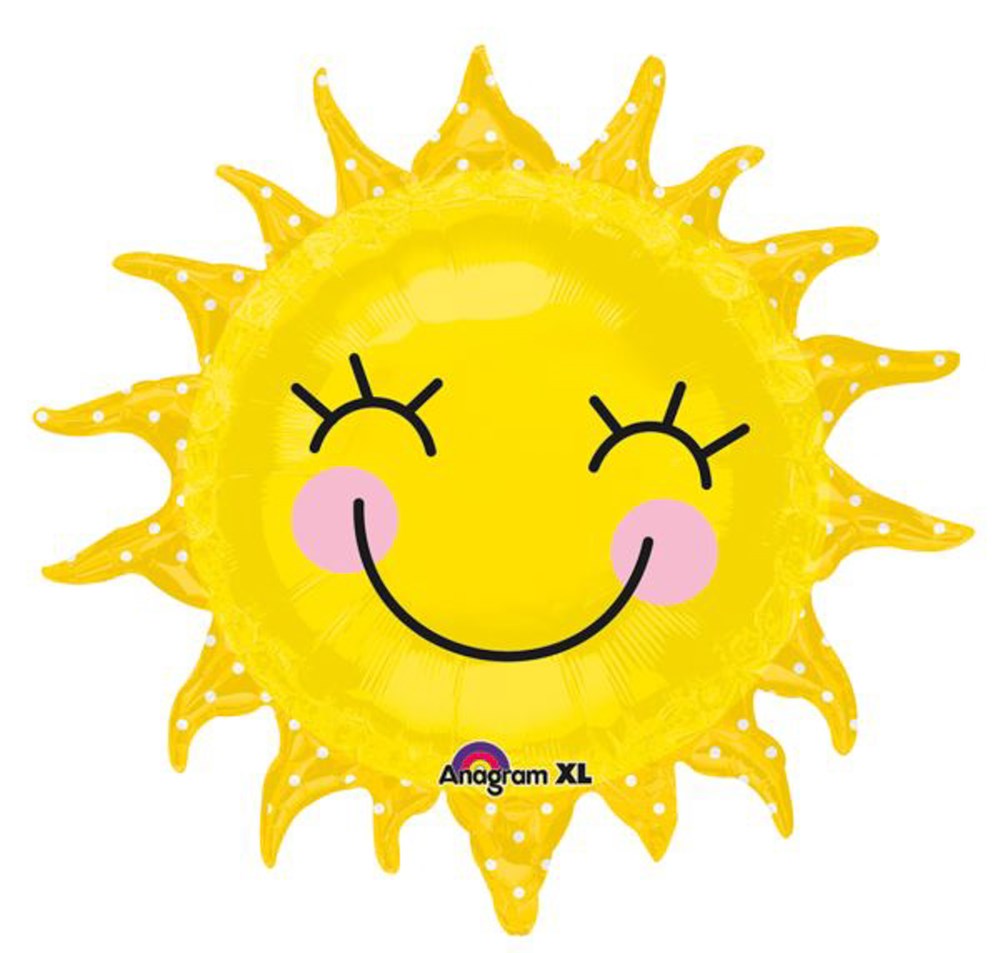 Yellow foil balloon shaped like a smiling sun with closed eyes and pink cheeks, 29 inches flat.