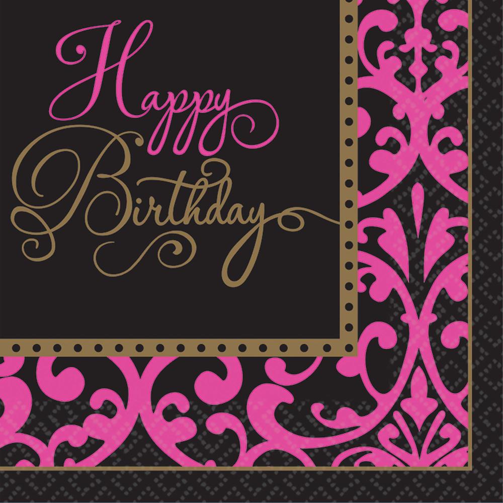 Black square napkin with pink ornate border and gold dotted accents, "Happy Birthday" in gold and pink script.